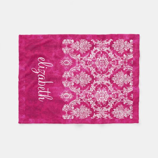 Hot Pink Grunge Damask Muster Name Fleecedecke (Vorderseite (Horizontal))