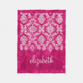 Hot Pink Grunge Damask Muster Name Fleecedecke (Vorderseite)