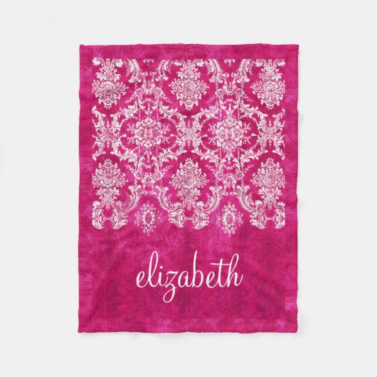 Hot Pink Grunge Damask Muster Name Fleecedecke (Vorderseite)