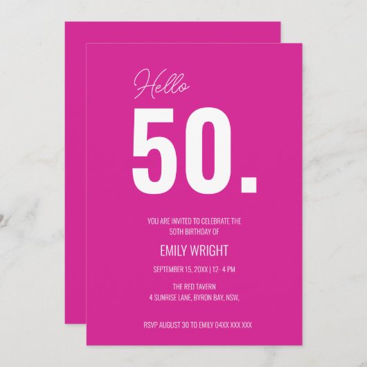 Hot Pink Hallo 50 Geburtstag Einladung (Vorne/Hinten)