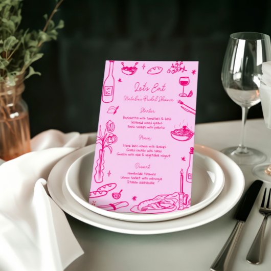 Hot Pink Hand Drawn Whimsical Wedding Menükarte