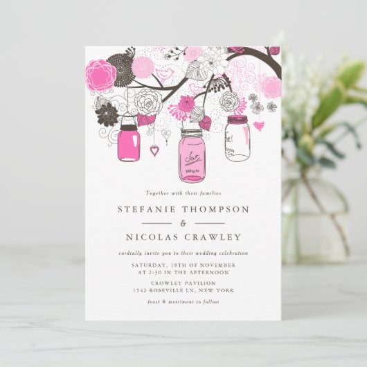 Hot Pink Hanging Mason Jars Wedding Einladung (Stehend Vorderseite)