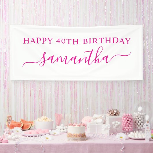 Hot Pink Happy 40. Geburtstag Eleganter Name Banner (Party)