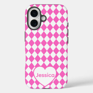 Hot Pink Harlequin Pattern Personalized Name iPhone 16 Hülle