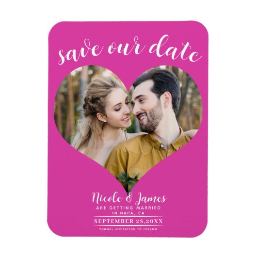Hot Pink Heart Foto Wedding Save the Date Magnet (Vertikal)