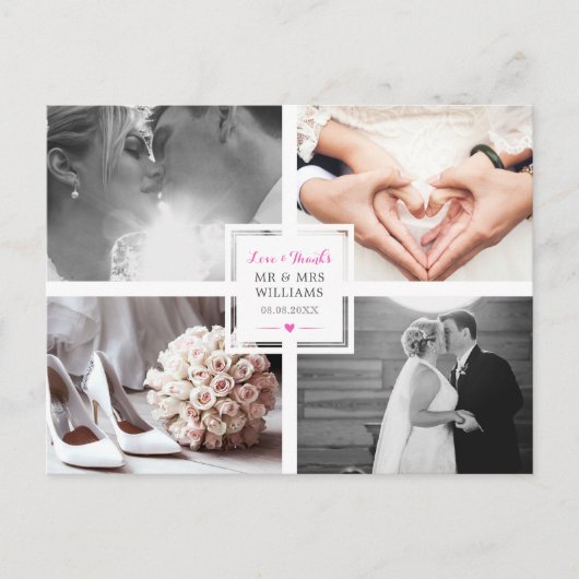Hot Pink Heart Wedding Foto Collage Liebe & Danke Postkarte (Vorderseite)