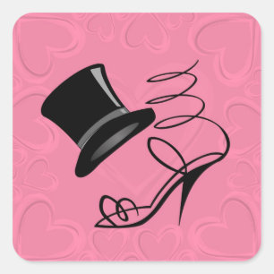 Hot Pink Hearts Top Hat und High Heels auf Aufkleb Quadratischer Aufkleber