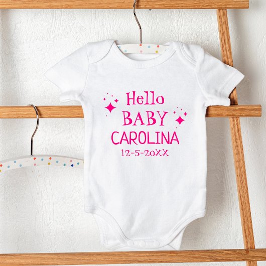 Hot Pink|Hello Baby|Child's Name|DOB Baby Strampler