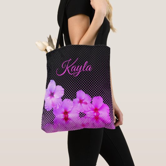 Hot-Pink-Hibiskus auf Schwarz und Rosa überprüft Tasche (Von Nahem)