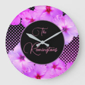 Hot Pink Hibiskus Familienname Keepake Große Wanduhr (Vorderseite)