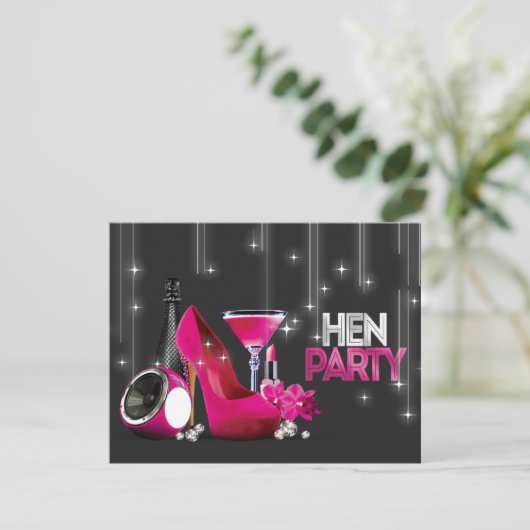 Hot Pink High Heel Champagne Black Hen Party Einladung (Stehend Vorderseite)