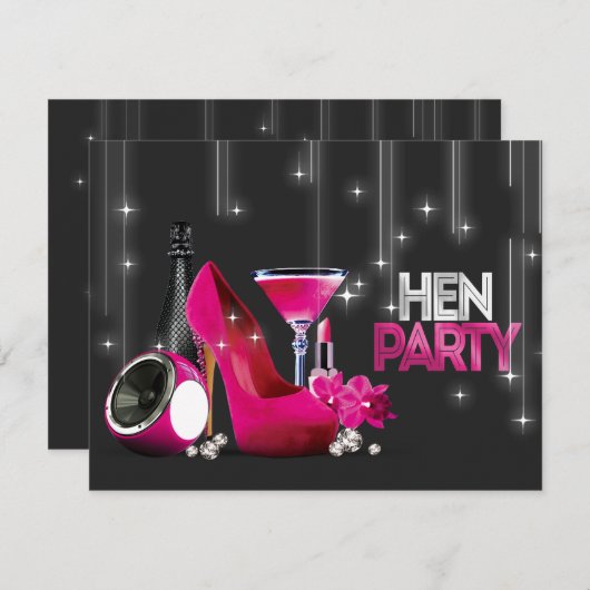 Hot Pink High Heel Champagne Black Hen Party Einladung (Vorne/Hinten)