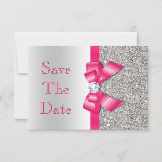 Hot Pink Imitats Bow & Diamonds Save the Date (Vorderseite)