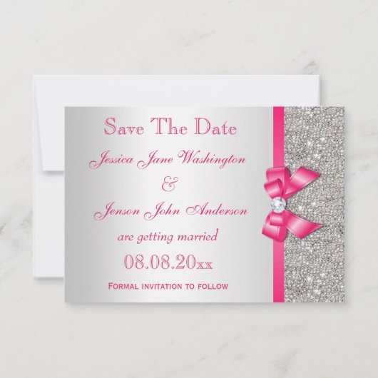 Hot Pink Imitats Bow & Diamonds Save the Date (Rückseite)