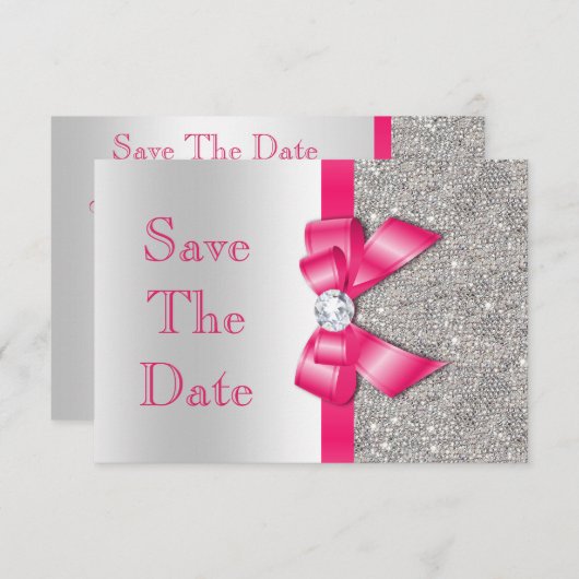 Hot Pink Imitats Bow & Diamonds Save the Date (Vorne/Hinten)
