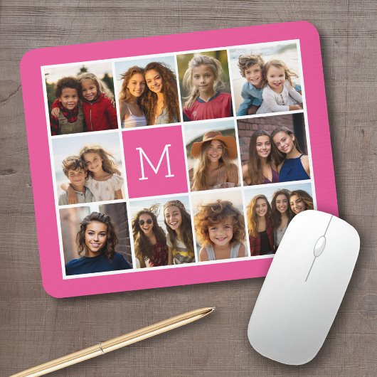 Hot Pink Instagramm Foto Collage Custom Monogram Mousepad