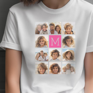 Hot Pink Instagramm Foto Collage Custom Monogram T-Shirt