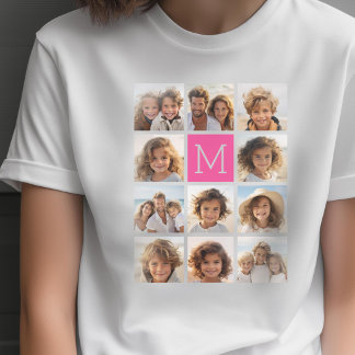 Hot Pink Instagramm Foto Collage Custom Monogram T-Shirt