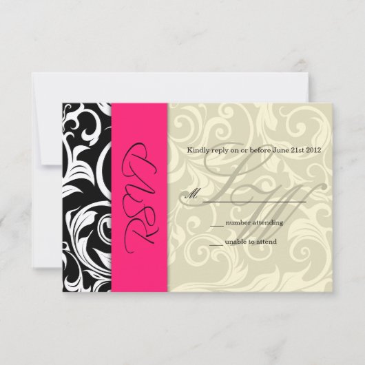 Hot Pink Ivory Swirl Wedding RSVP Karte (Vorderseite)