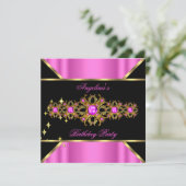 Hot Pink Jewel Gold Black Birthday Party Einladung (Stehend Vorderseite)