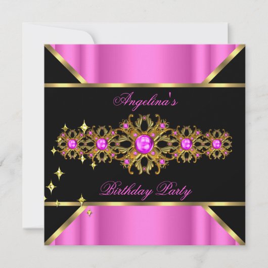 Hot Pink Jewel Gold Black Birthday Party Einladung (Vorderseite)