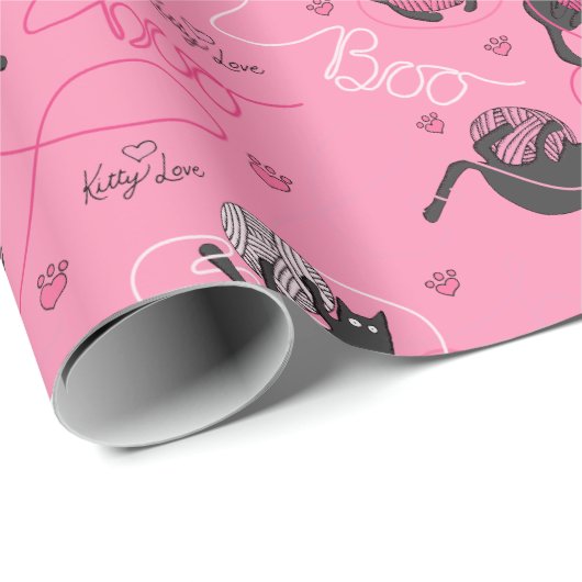 Hot Pink Kätzchen Liebe Kätzchen und Garn Kinder Geschenkpapier (Rolleneckpunkt)