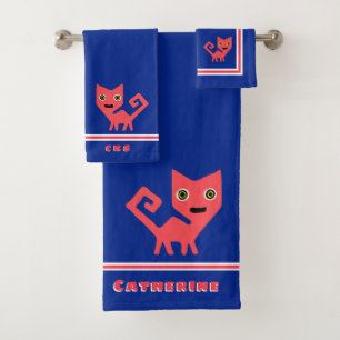 Hot Pink Kitty Cat auf Blue Personalisiert Badhandtuch Set