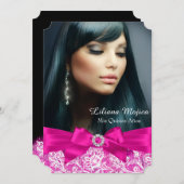 Hot Pink Lace & Jewel Bow Quinceanera Einladung (Vorne/Hinten)