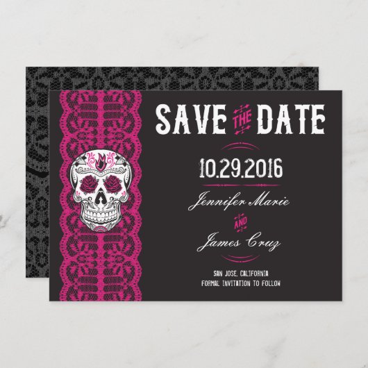 Hot Pink Lace Sugar Skull Speichern Sie die Daten Save The Date (Vorne/Hinten)