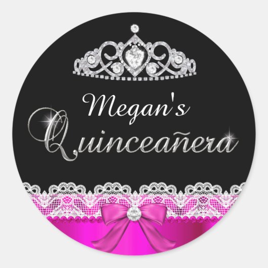Hot Pink Lace & Tiara Quinceanera Sticker (Vorderseite)