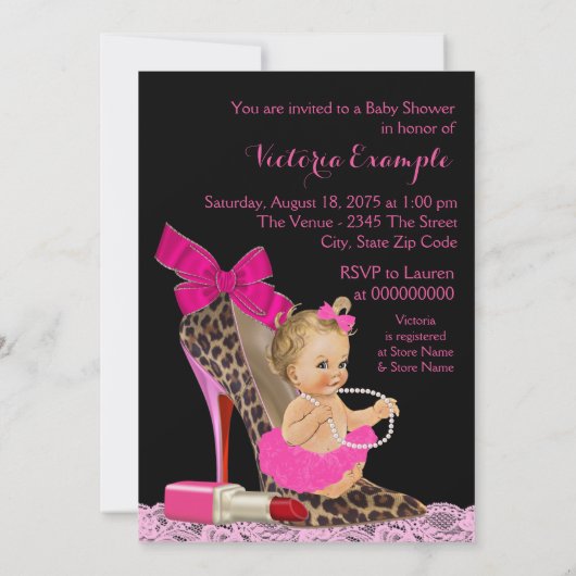 Hot Pink Leopard High Heel Shoel Baby Dusche Einladung (Rückseite)