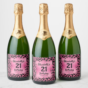 Hot Pink Leopard Print 21. Geburtstag Personalisie Schaumweinetikett