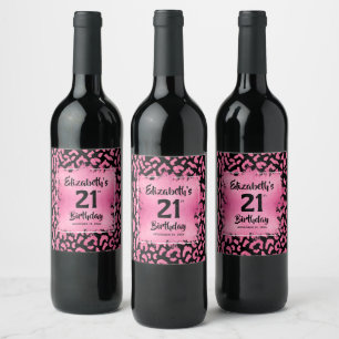 Hot Pink Leopard Print 21. Geburtstag Personalisie Weinetikett