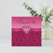 Hot Pink Leopard Print & Bling Heart Sweet 16 Einladung (Stehend Vorderseite)