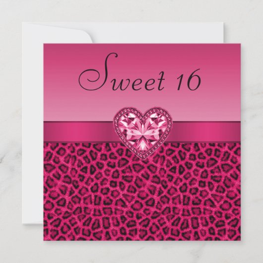 Hot Pink Leopard Print & Bling Heart Sweet 16 Einladung (Vorderseite)