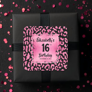 Hot Pink Leopard Sweet 16 Geburtstag Quadratischer Aufkleber