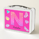 Hot Pink Letter N Monogramm Girl Back to School Metall Brotdose (Rückseite)