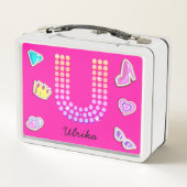 Hot Pink Letter U Monogram Girl Back to School Metall Brotdose (Rückseite)