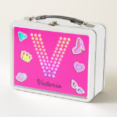 Hot Pink Letter V Monogramm Girl Back to School Metall Brotdose (Vorderseite)