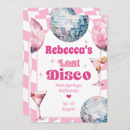 Hot Pink Letzte Disco Junggeselinnen-Abschied Itin Einladung (Vorne/Hinten)