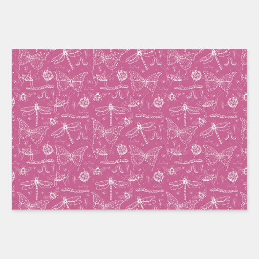 Hot Pink Liebe Bug Insect Illustration Muster Geschenkpapier Set (Vorderseite 2)