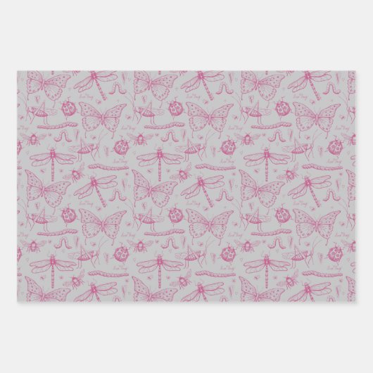 Hot Pink Liebe Bug Insect Illustration Muster Geschenkpapier Set (Vorderseite)