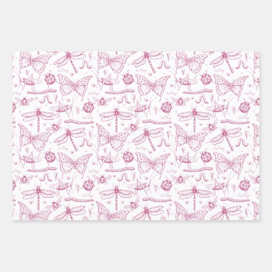 Hot Pink Liebe Bug Insect Illustration Muster Geschenkpapier Set (Vorderseite 3)