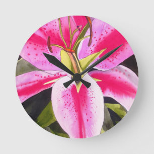 Hot pink lily Tenerife pop art watercolor flower Runde Wanduhr
