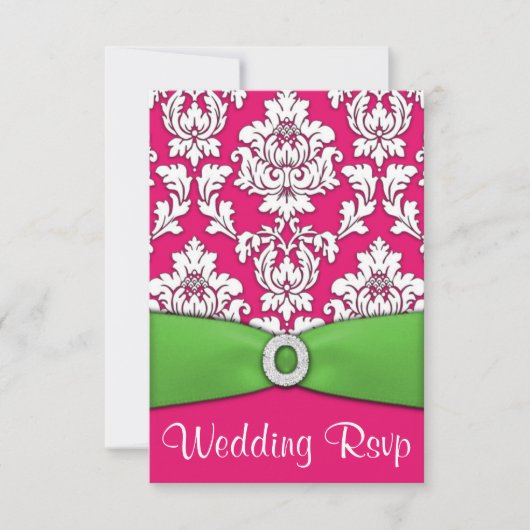 Hot Pink & Lime Green Damask RSVP Cards (Vorderseite)