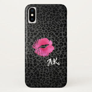 Hot Pink Lipgloss Kiss Black Leopard mit Monogramm Case-Mate iPhone Hülle