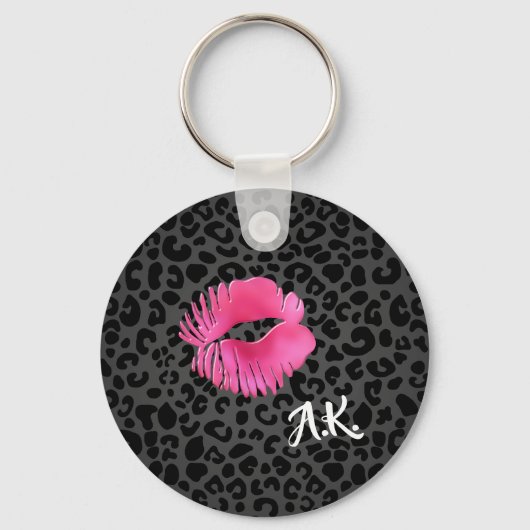 Hot Pink Lipgloss Kiss Black Leopard mit Monogramm Schlüsselanhänger (Vorderseite)