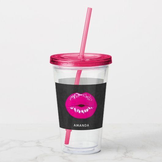 Hot Pink Lips Glamour Illustration Acryltrinkbecher (Rückseite)