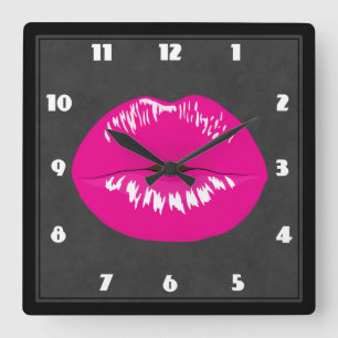 Hot Pink Lips Glamour Illustration Quadratische Wanduhr
