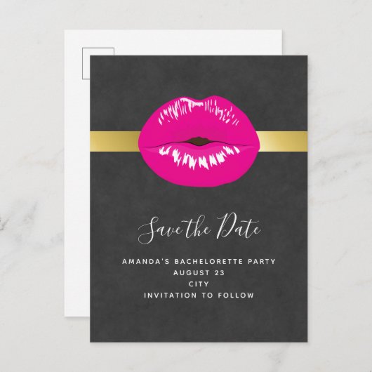 Hot Pink Lips Glamour Illustration Save the Date Einladungspostkarte (Vorne/Hinten)